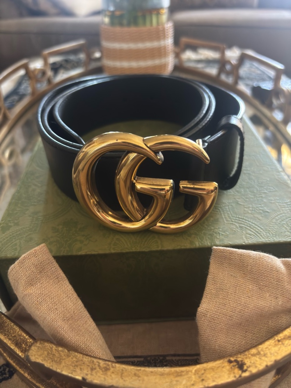 Gucci Black Leather Belt with Gold Double G Hardware